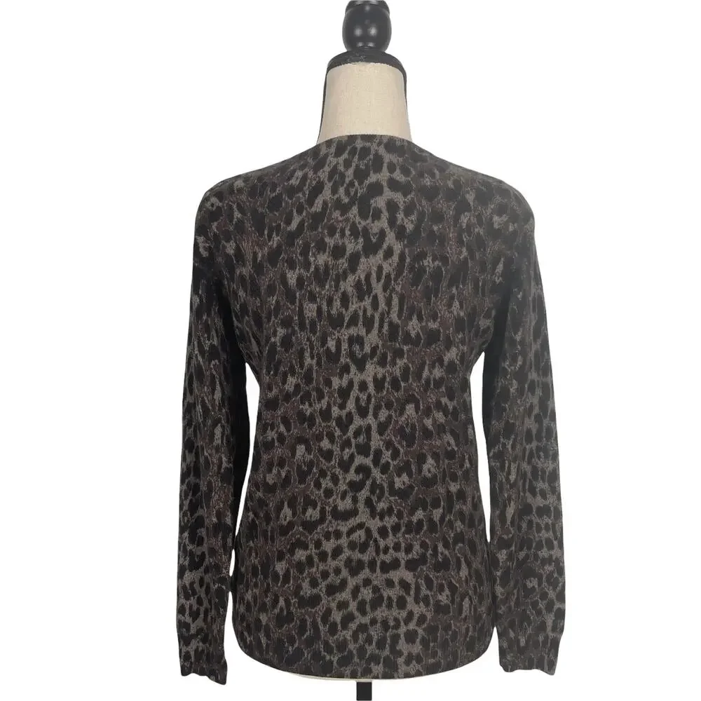 C by Bloomingdale's 2-Ply Cashmere Leopard Print Cardigan Size Small